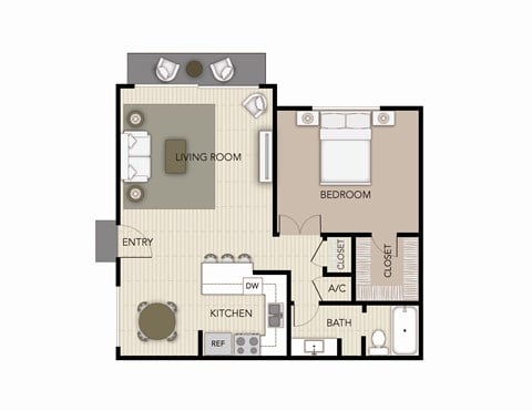 Floor plan for 1 bed, 1 bath, 758 sqft